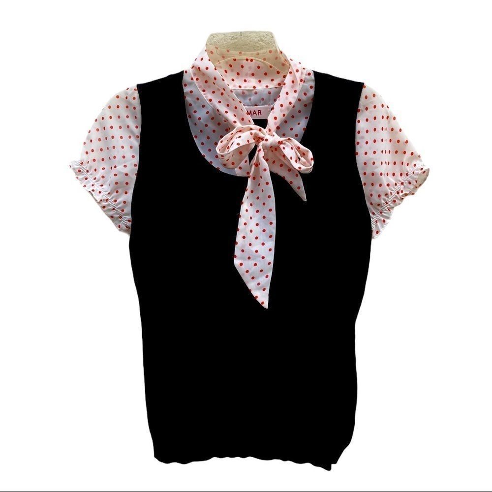 Cumar Italy Fine Black Knit Polka Dot PussyBow top